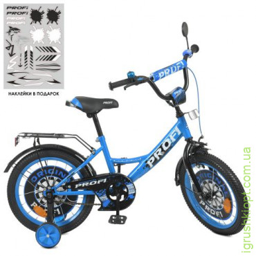 Велосипед детский PROF1 16д. Y1644, Original boy, SKD45, фонарь, звонок, зеркало, доп. колеса, голубовато-черный