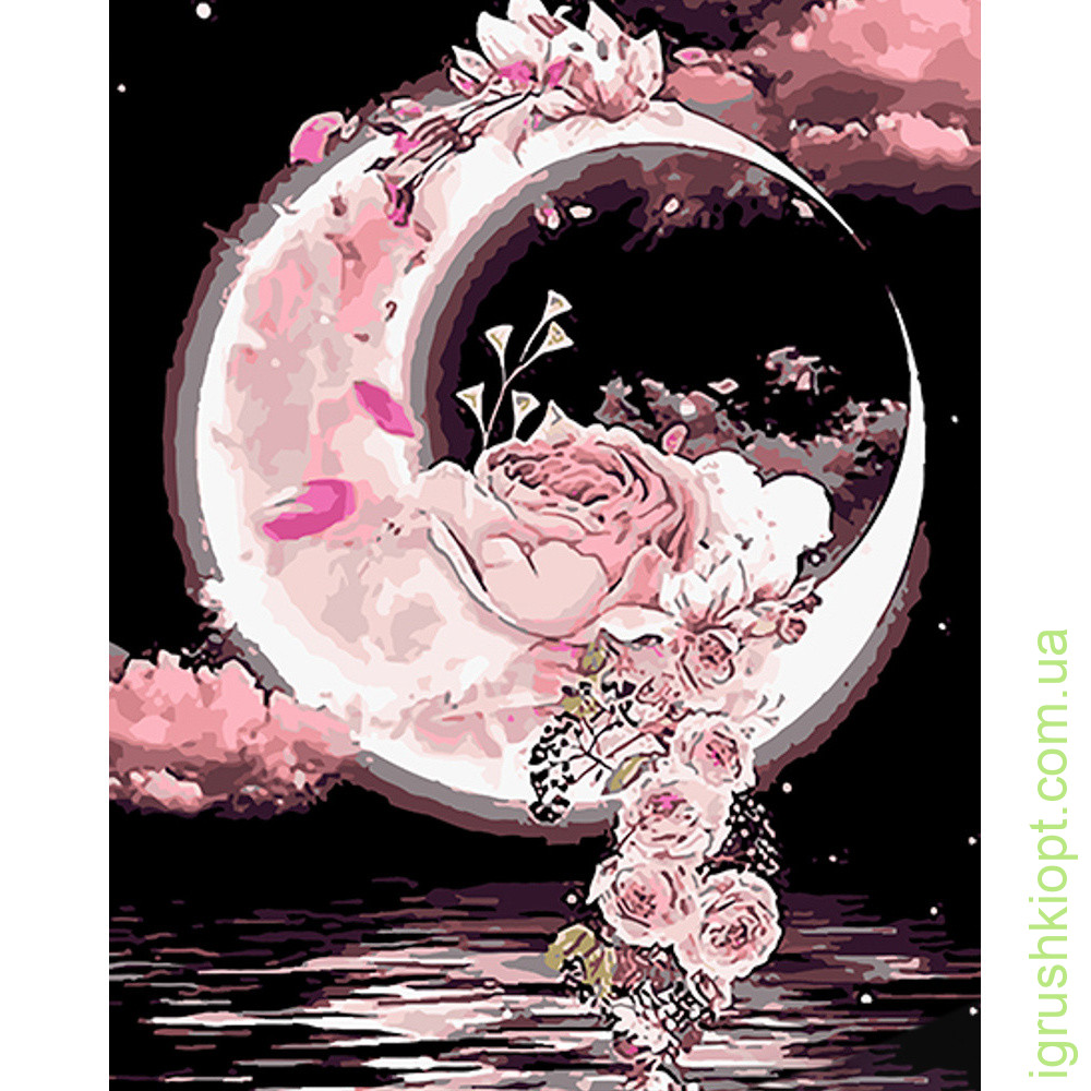 Картина за номерами Strateg ПРЕМІУМ Місяць у квітах на чорному фоні розміром 40х50 см (AH1058)