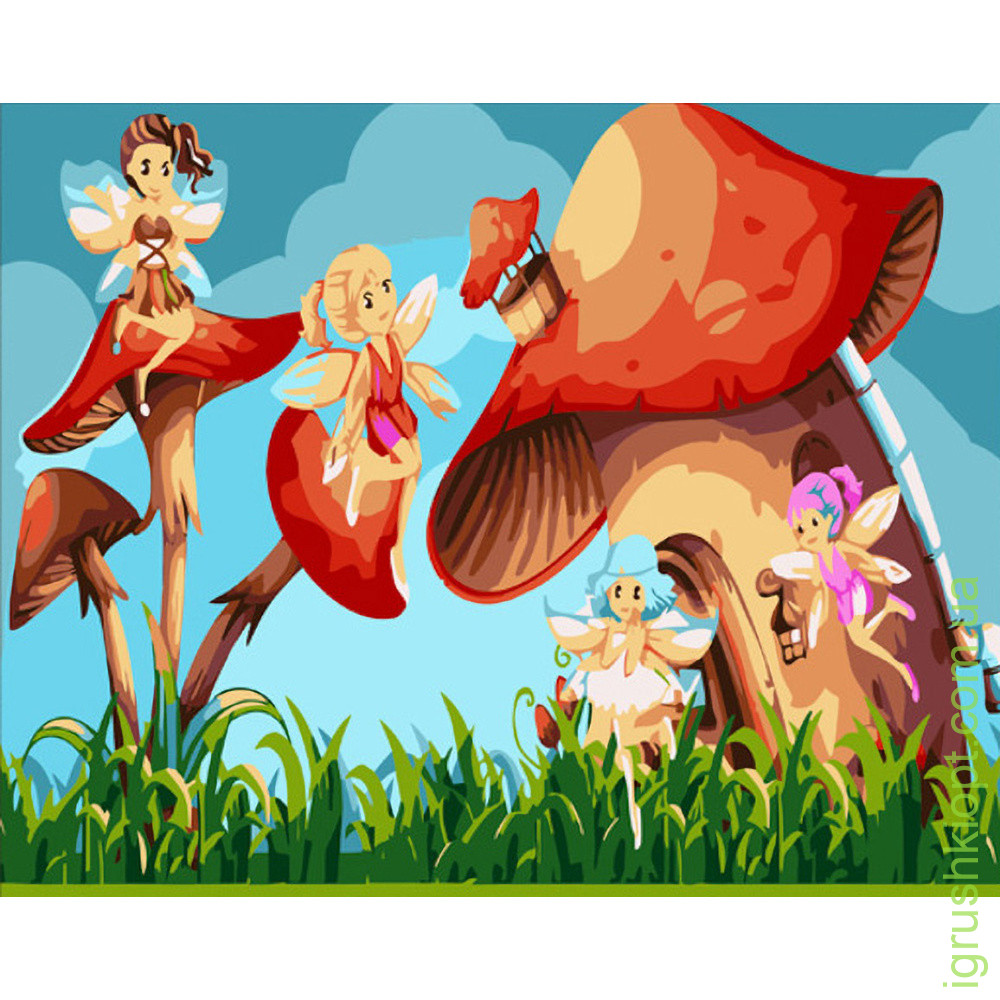 Картина за номерами Strateg ПРЕМІУМ Феї на грибочках з лаком розміром 30х40 см (SS6696)
