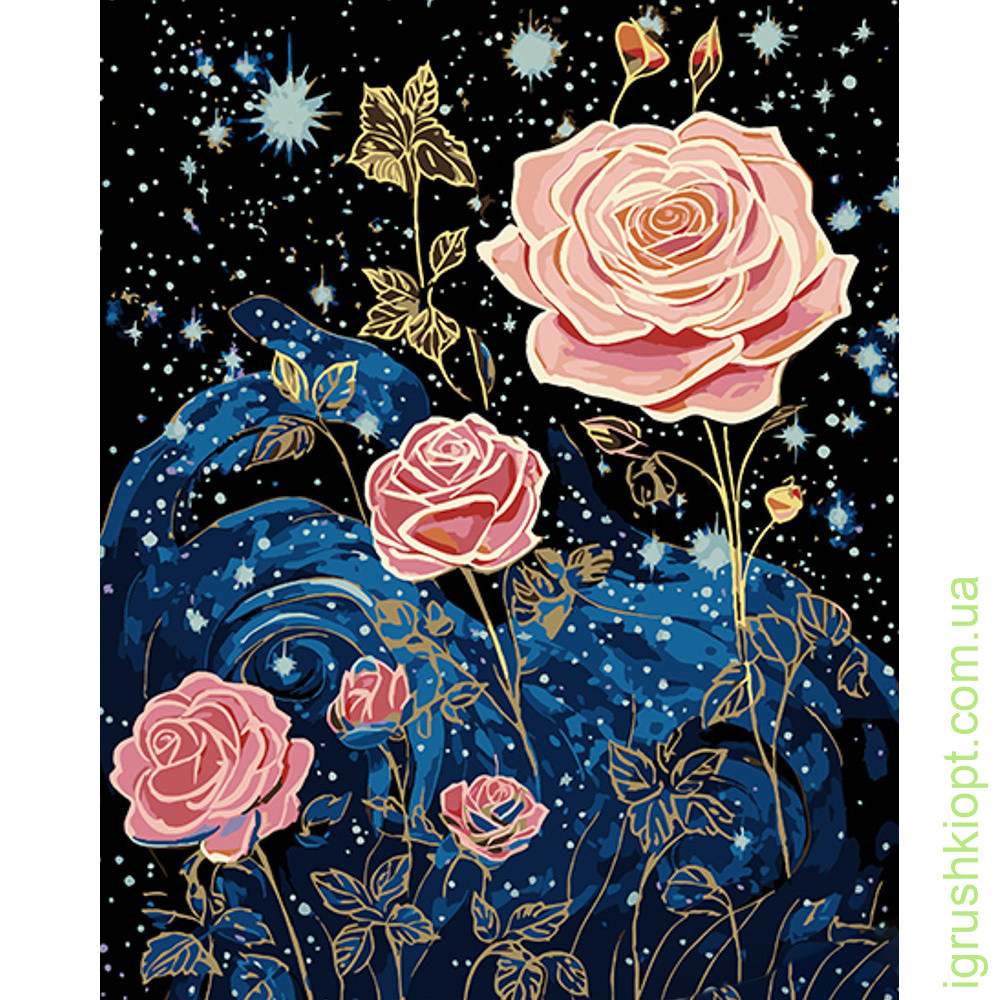 Картина за номерами Strateg ПРЕМІУМ Зоряні троянди на чорному фоні розміром 40х50 см (AH1071)