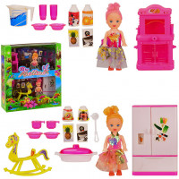 Кукла маленькая арт. 66789, 2 куклы в наборе, мебель для кухни, посуда, лошадь-качели, коробка 33*30*9 см