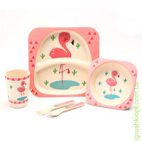 Посуда детская бамбук "Фламинго" 5пр/наб (2 тарелки, вилка, ложка, стакан) MH-2770-20