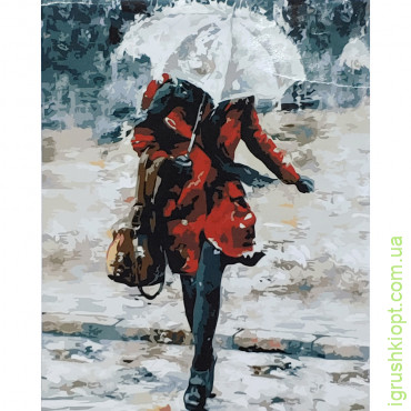 Картина за номерами Strateg ПРЕМІУМ Дівчина в червоному під зонтом розміром 40х50 см (GS005)