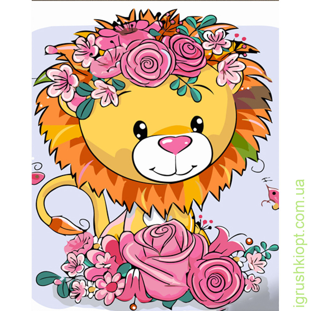 Картина за номерами Strateg ПРЕМІУМ Лев у квіточках з лаком розміром 30х40 см (SS6717)