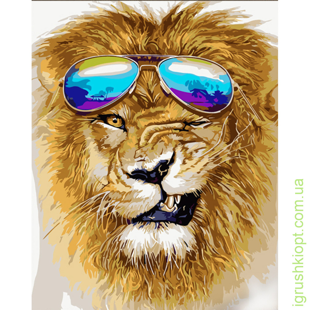 Картина за номерами Strateg ПРЕМІУМ Лев в окулярах з лаком розміром 30х40 см (SS6798)