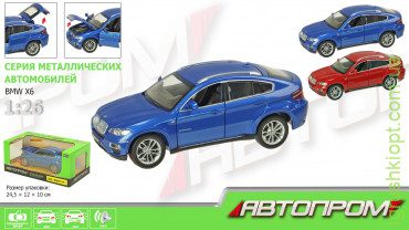 Машина мет. АВТОПРОМ арт. 68250A, 1:24 "BMW X6", 2 кольора, батарейки, світло, звук, відчин. двері, капот, багажнік, коробка 24,5*12*10 см