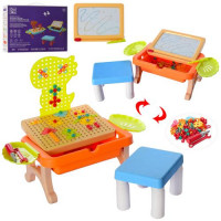 Столик ігровий DQ828, 34-24-в17 см, стільчик, дошка для малювання (кольорова), мозаїка на шурупах, інструменти, в кор-ці