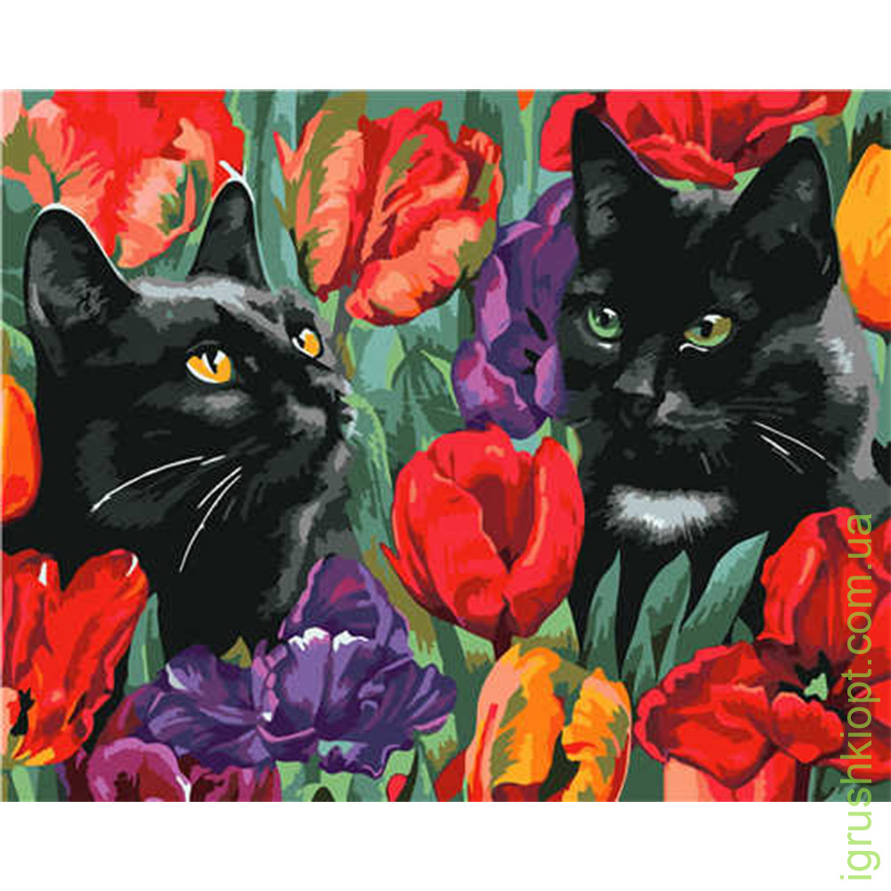 Картина за номерами Strateg ПРЕМІУМ Коти у тюльпанах з лаком розміром 40х50 см VA-2593