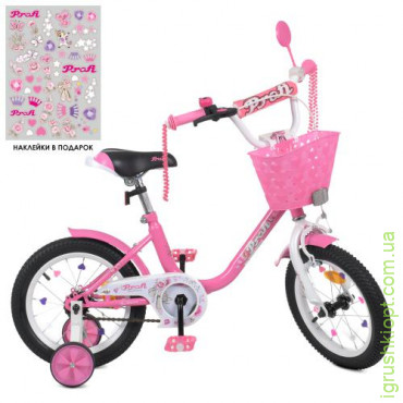 Велосипед детский PROF1 14д Y1481-1K Ballerina, SKD75, рожевий, дзвоник, фонарь, кошик, доп. колеса